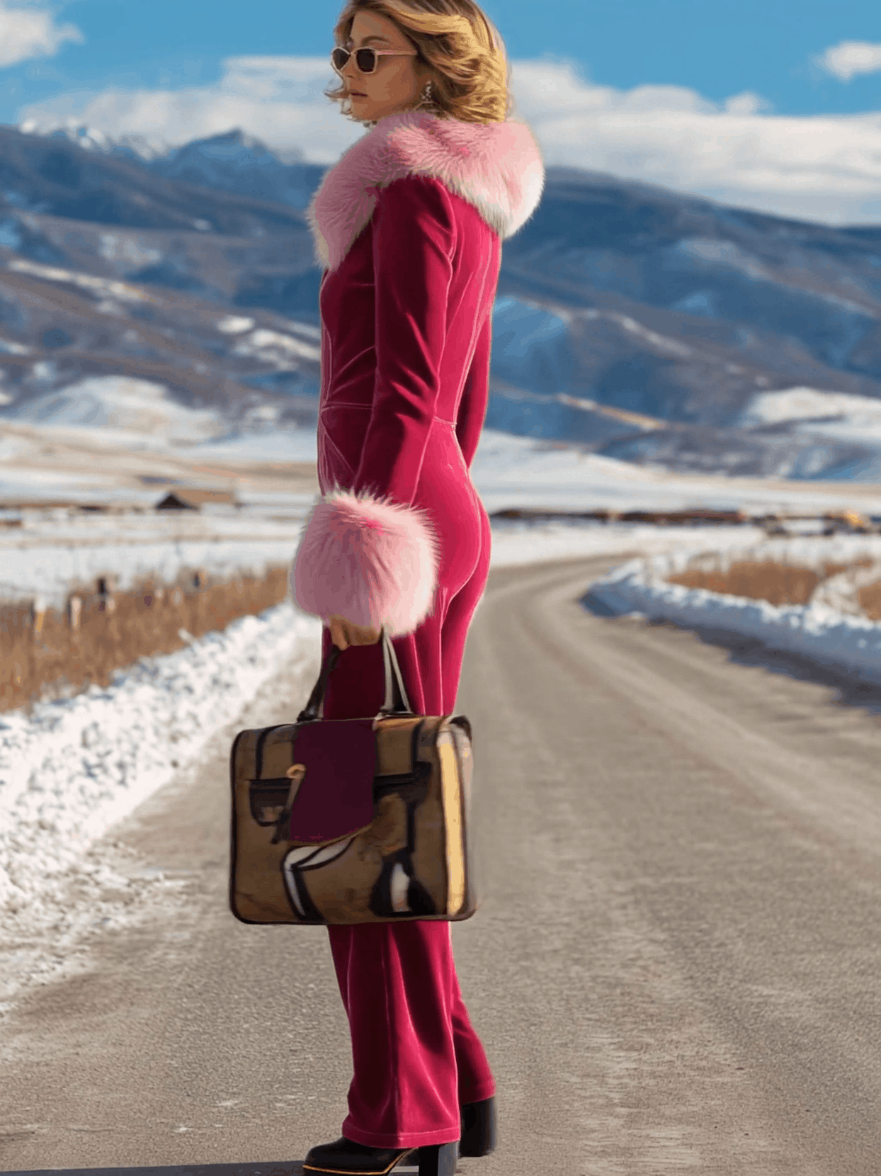 Combinaison Évasée en Velours Rouge Rose à Manches Longues avec Col en Fourrure Synthétique