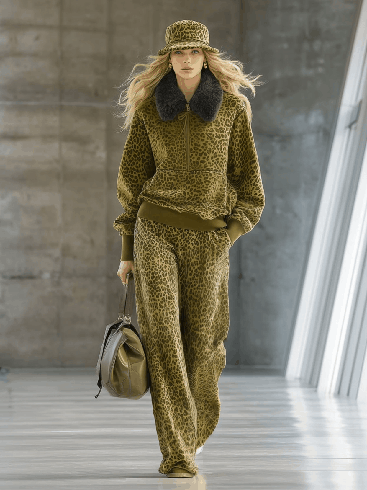 Pull en velours imprimé léopard avec col en fausse fourrure et pantalon large - Élégance haut de gamme