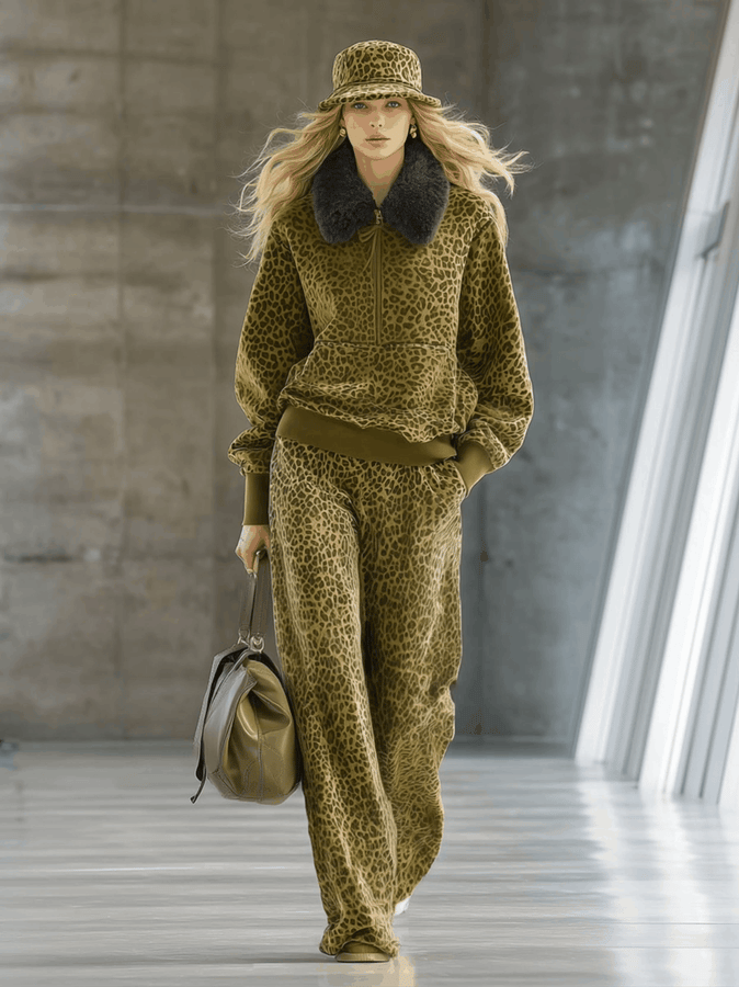 Pull en velours imprimé léopard avec col en fausse fourrure et pantalon large - Élégance haut de gamme