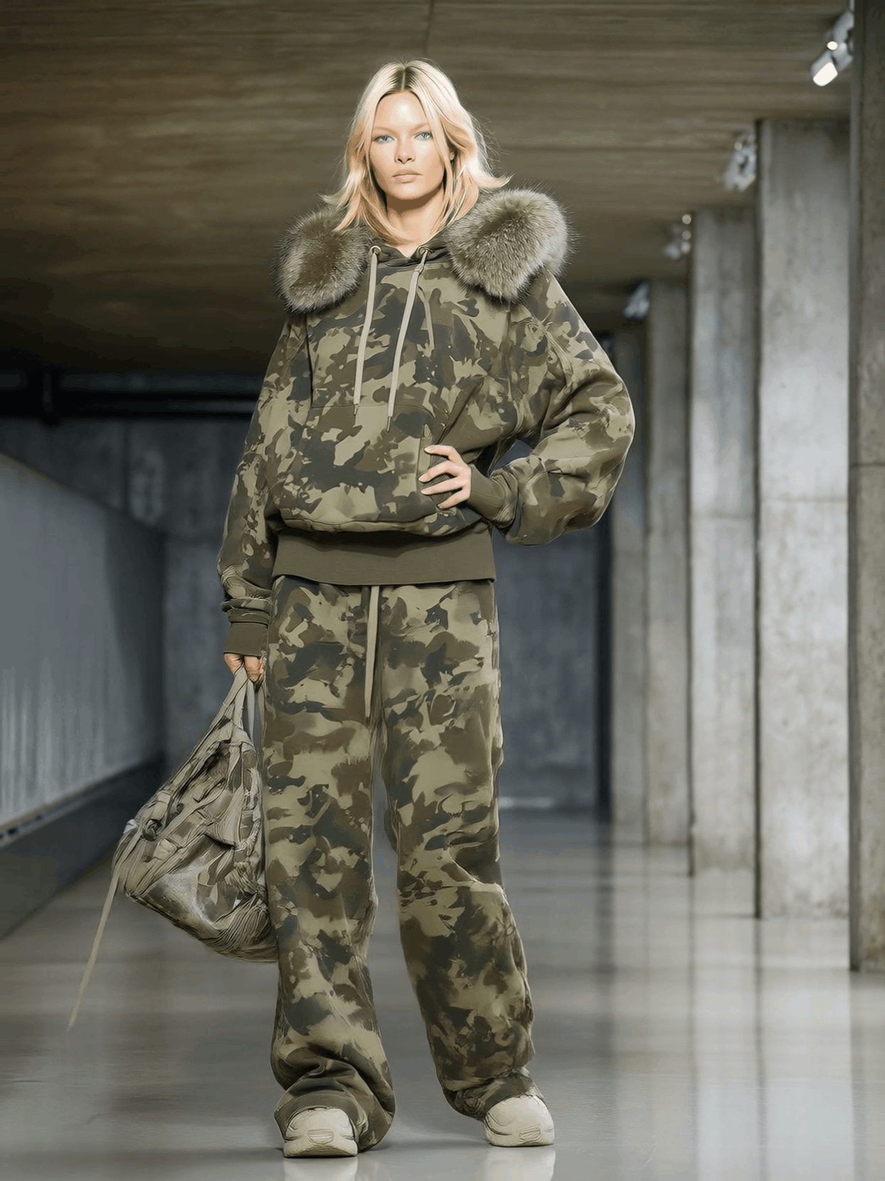 Ensemble Décontracté : Sweat à Col en Fausse Fourrure et Pantalon Large Camouflage
