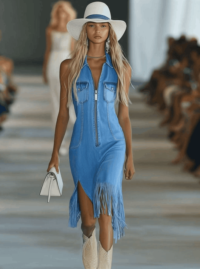 Robe Midi Sans Manches en Jean Vintage Bleu - Poche Zippée et Franges - Expédition Rapide en 24 Heures