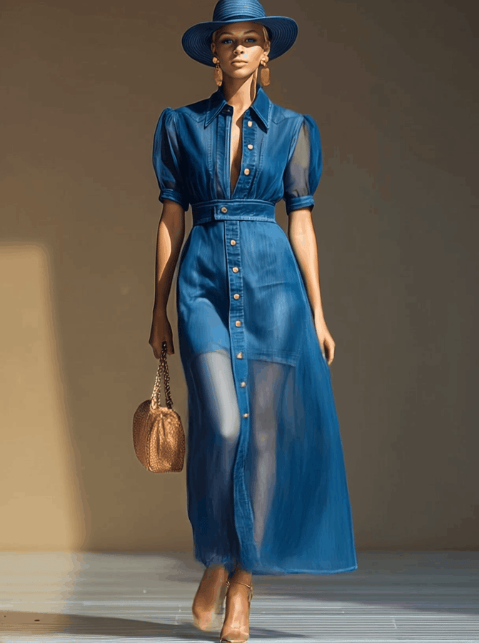 Robe Maxi en Denim Bleu à Manches Courtes avec Décolleté en V et Détails en Organza