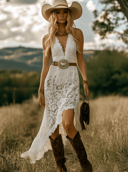 Robe Maxi Vintage Élégante en Dentelle Blanche - Expédition Rapide en 24 Heures