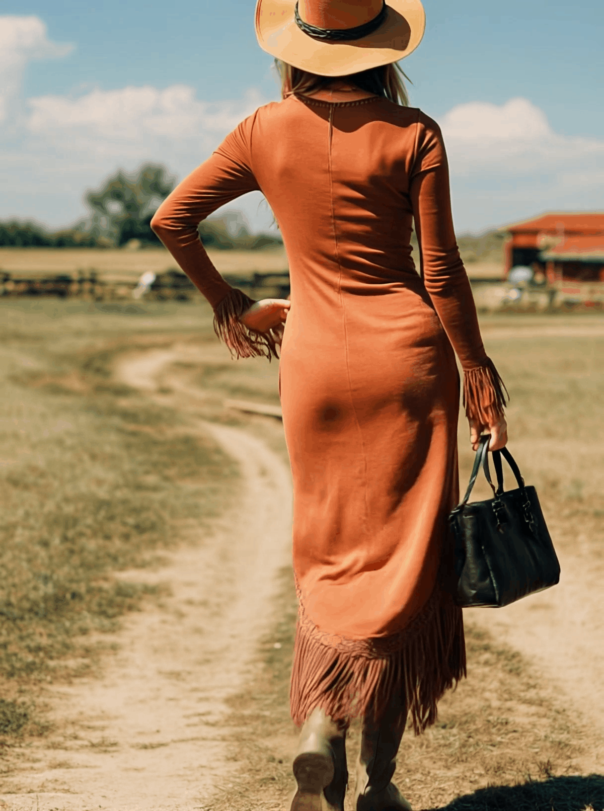 Robe Maxi Rouge Brique Rétro avec Manches Longues et Franges