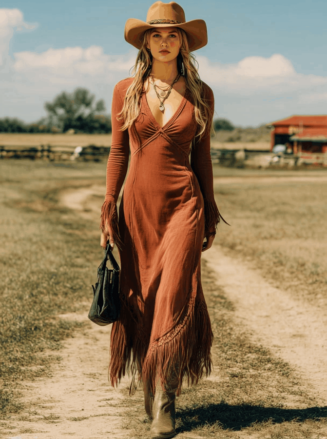 Robe Maxi Rouge Brique Rétro avec Manches Longues et Franges