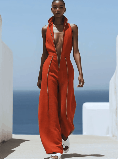 【Livraison en 24h】Salopette sans manches en coton et lin rouge rétro, décontractée avec zip et taille élastique à jambes larges