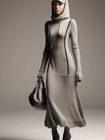 Robe Maxi Sport Grise à Capuche - Style Décontracté et Confortable