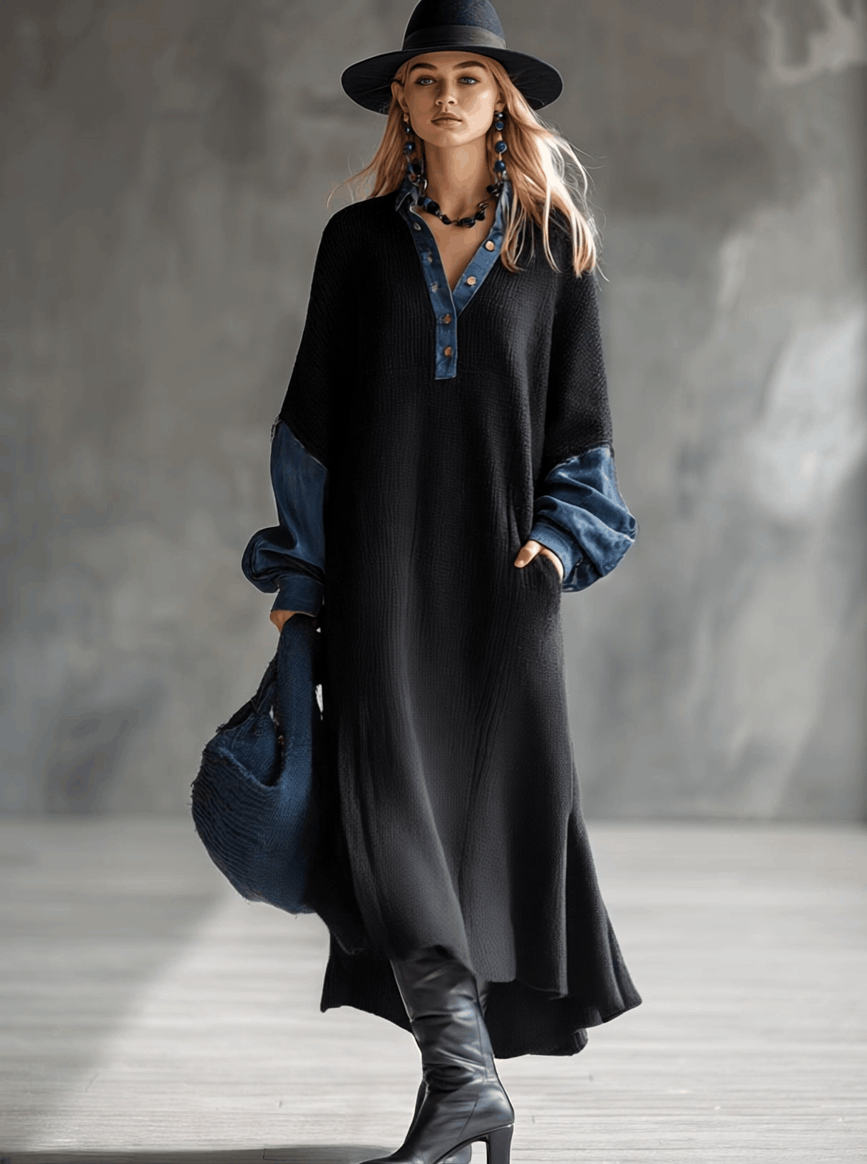 Robe Maxi Noire Tricotée Décontractée avec Accents en Denim