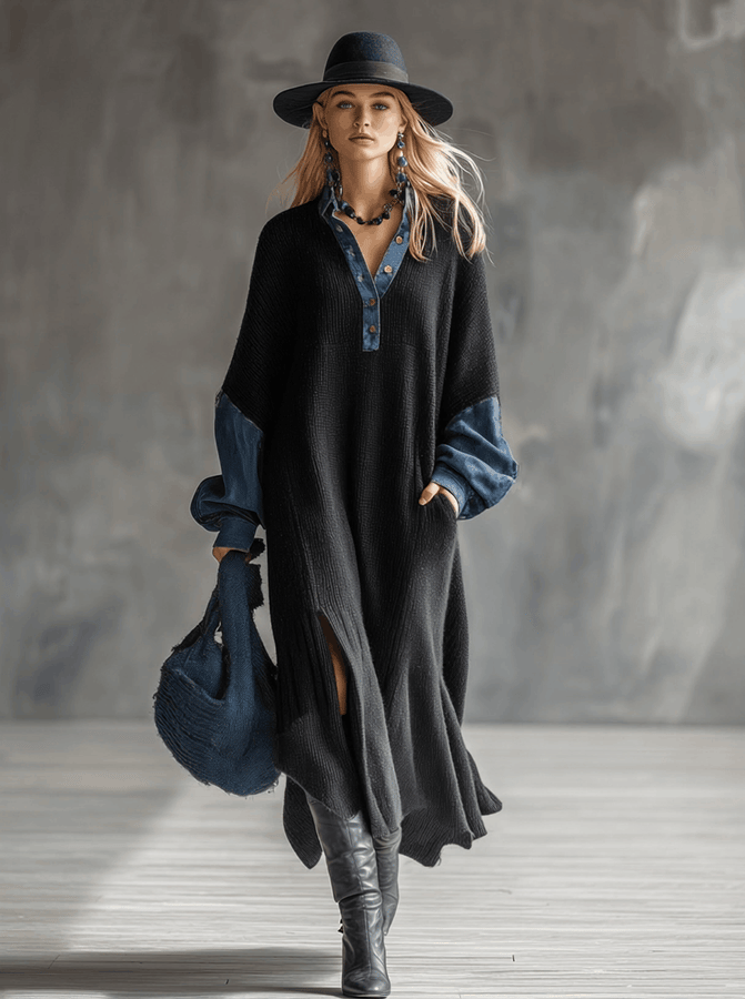 Maxi Robe Noire en Tricot Décontractée avec Détails en Denim