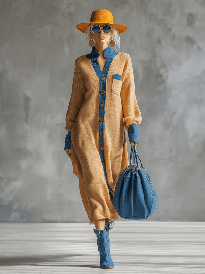 Robe Maxi Tricotée Style Cardigan avec Éléments en Denim - Teinte Gingembre