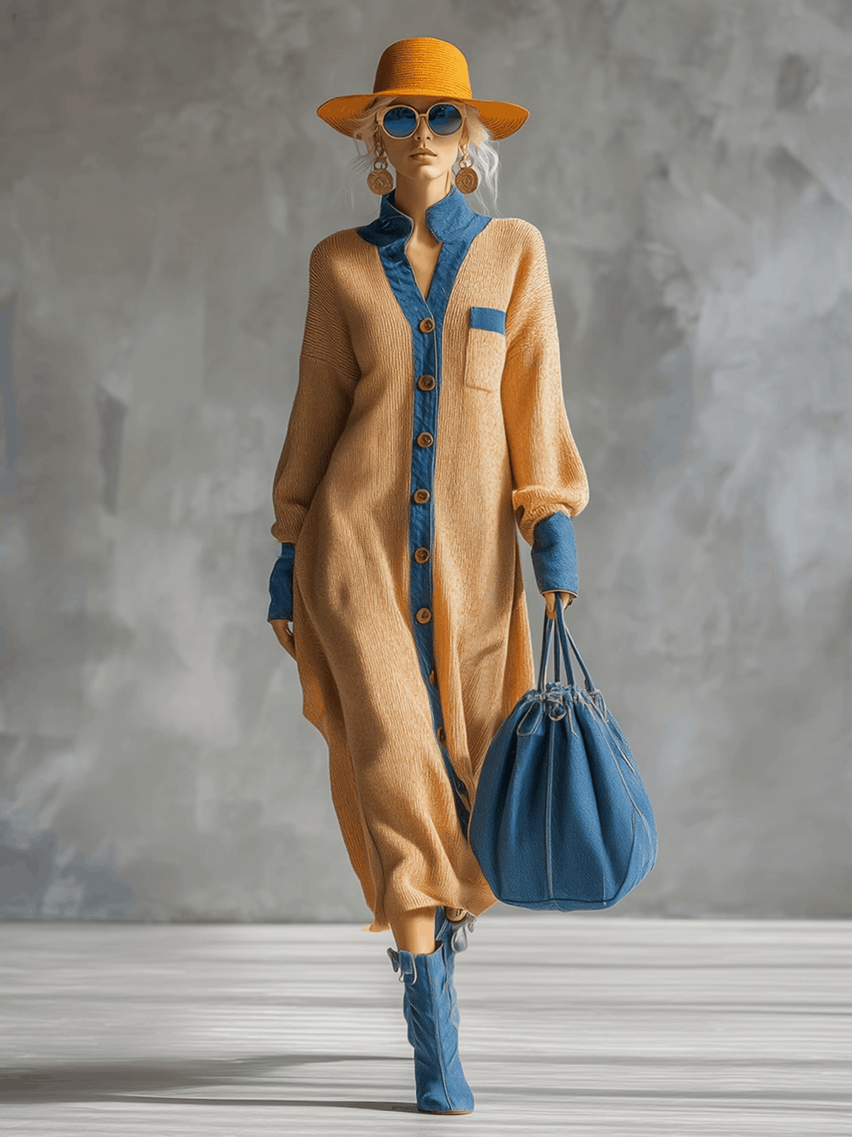 Cardigan Maxi Tricoté avec Bordures en Denim - Teinte Gingembre