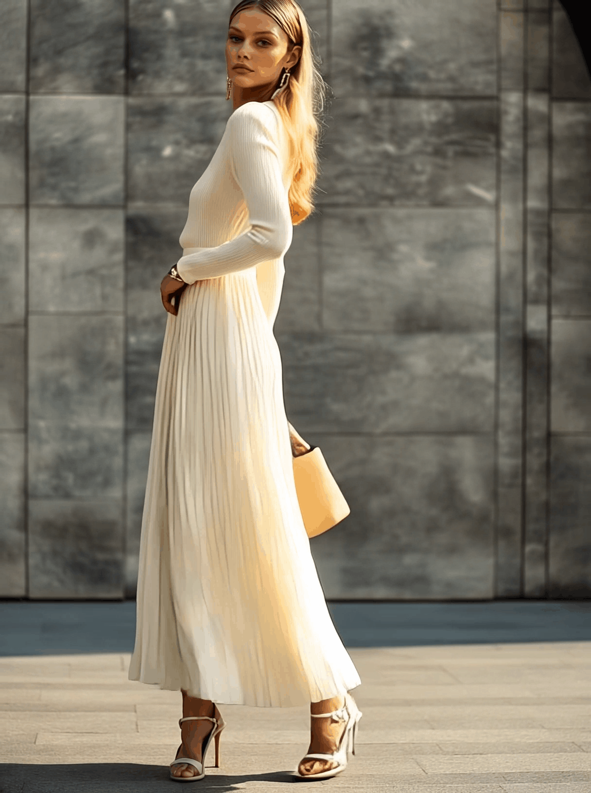 Robe Maxi Élégante en Satin Crème : Confort et Style Décontracté avec Manches Longues et Ourlet Plissé