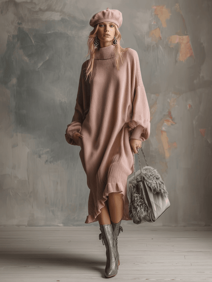 Robe Midi Élégante en Tricot Rose avec Col Montant et Ourlet Volanté