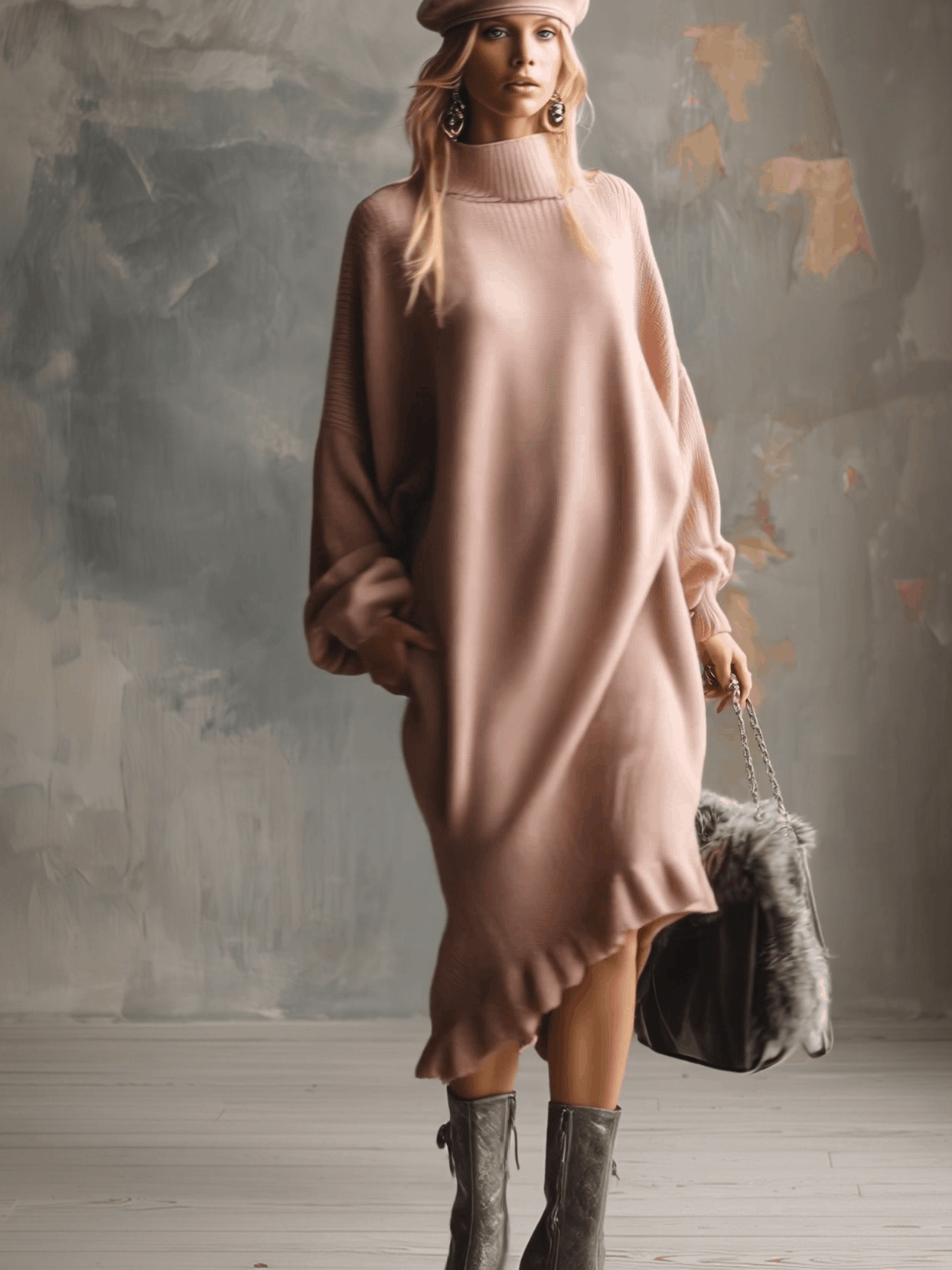 Robe Midi Élégante en Tricot Rose avec Col Montant et Ourlet Volanté