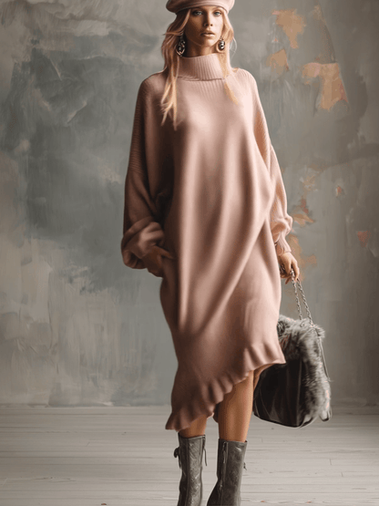 Robe Midi Élégante en Tricot Rose avec Col Montant et Ourlet Volanté