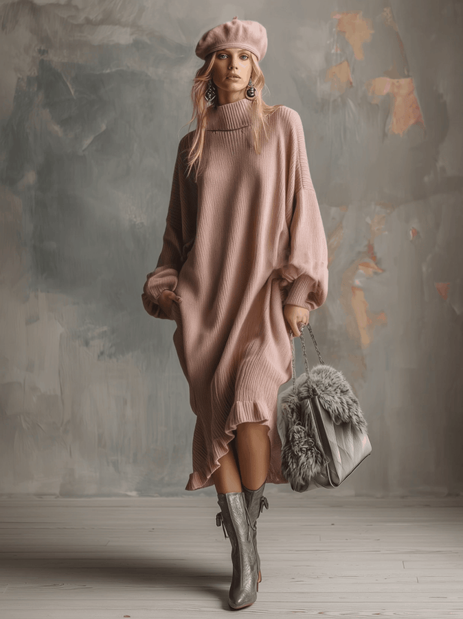 Élégante Robe Midi Tricotée Rose Pâle à Col Montant et Détails Volants