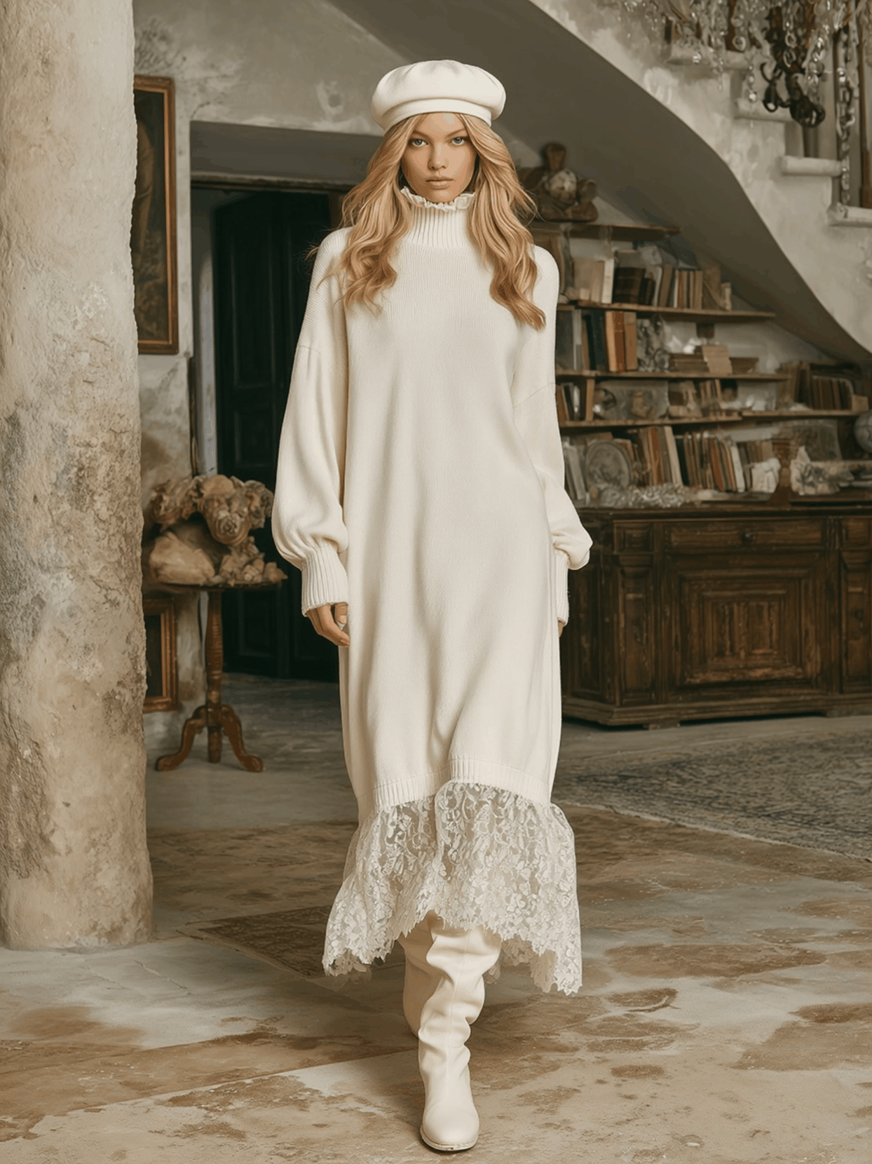 Robe Maxi Tricotée Blanche avec Élégant Col en Dentelle en Forme de Feuille de Lotus