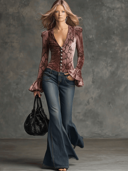 Chemise Vintage en Velours Rose à Manches Longues et Motif Crocodile