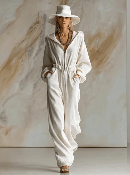 Combinaison décontractée en velours côtelé blanc avec capuche, fermeture éclair avant et manches longues