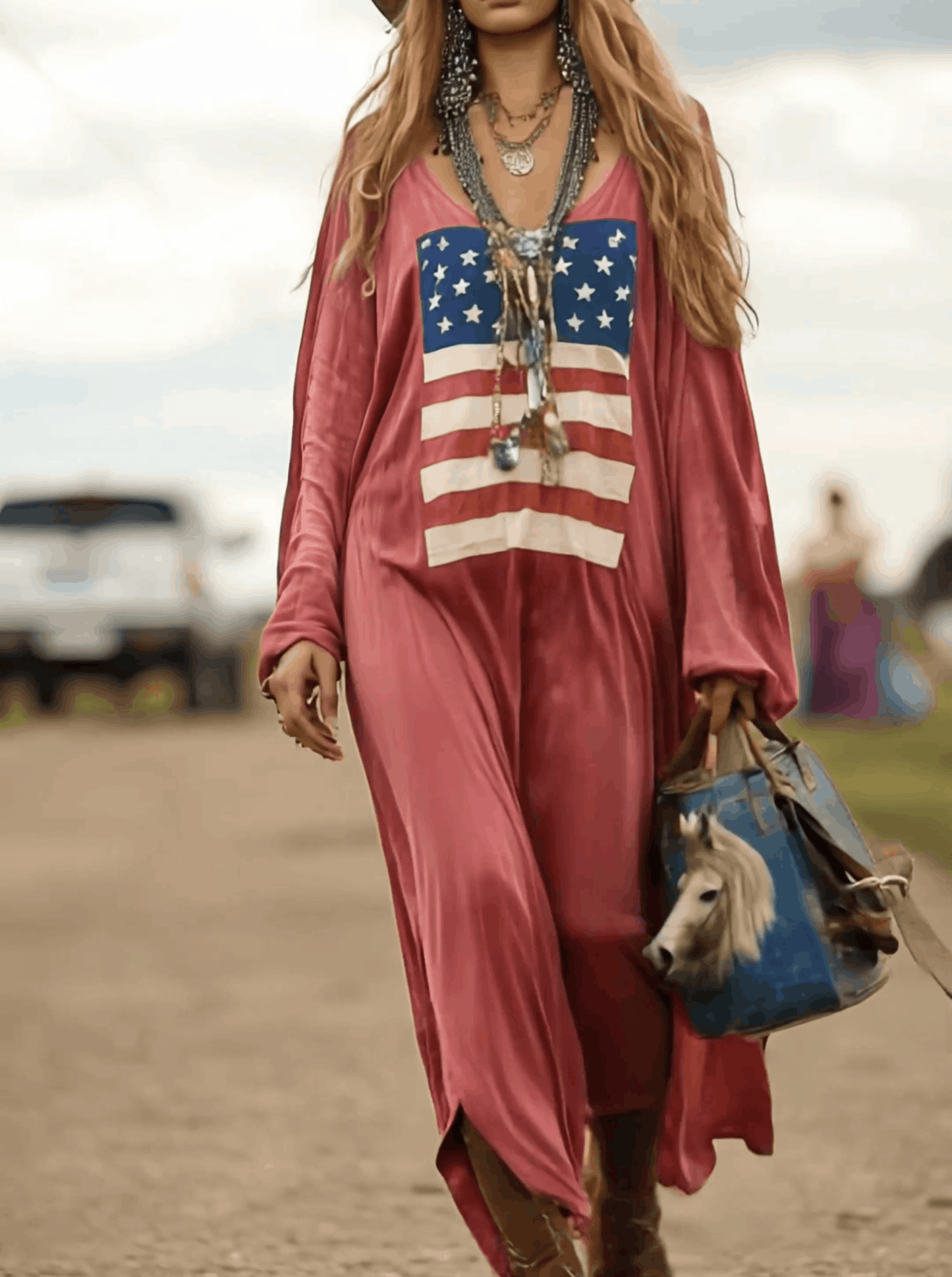 Robe Maxi en Coton Rose à Manches Longues - Imprimé Drapeau Vintage, Expédition Rapide en 24 Heures !