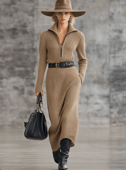Robe Midi Camel Tricotée avec Zip et Détails Lacés Rétro