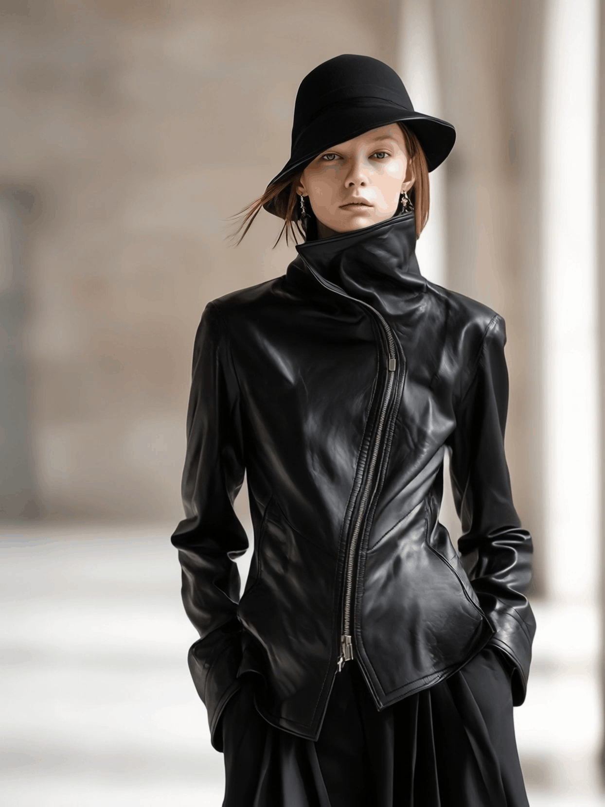 Veste en PU Noir avec Col Haut et Zip Latéral Chic
