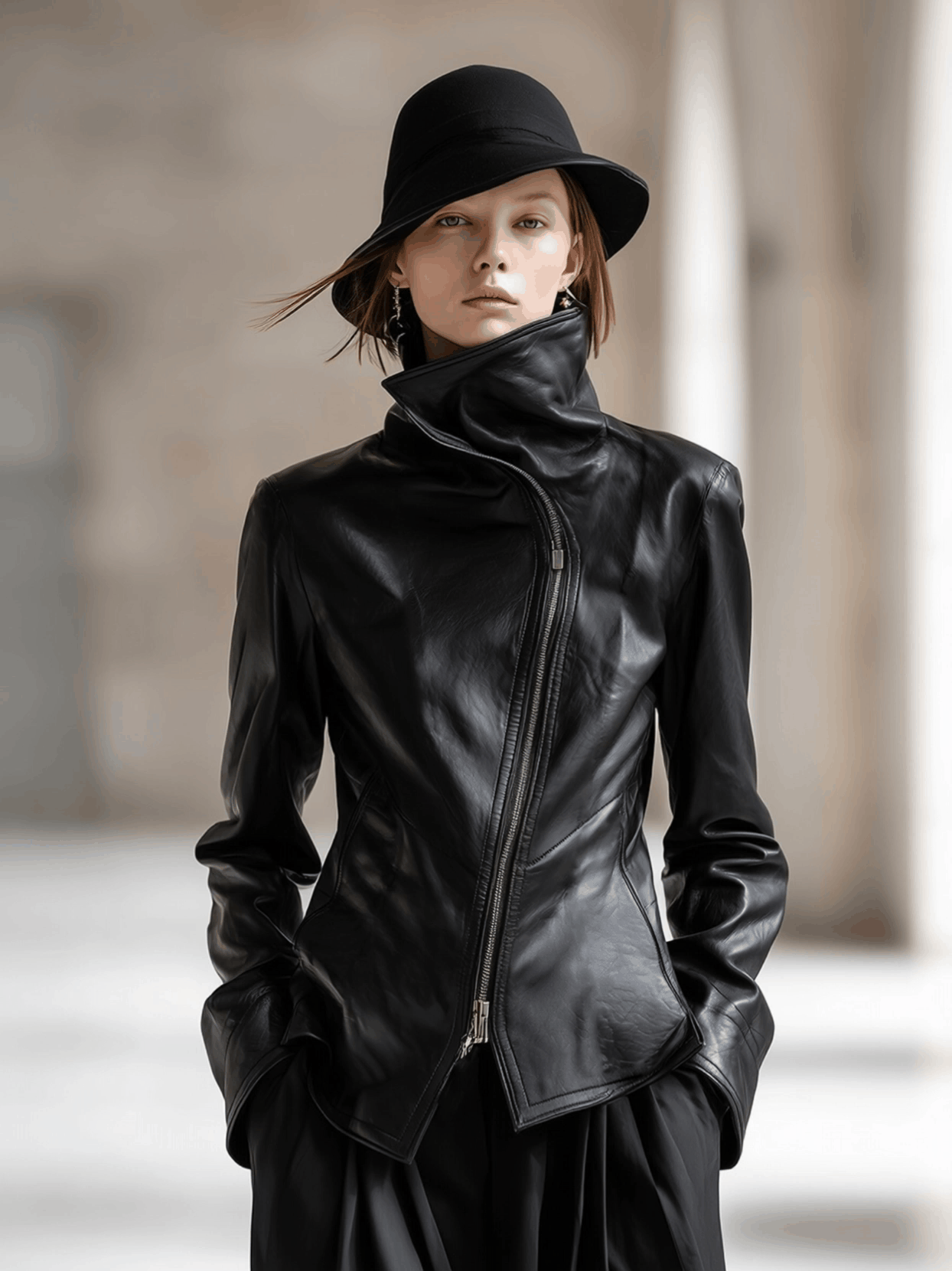 Veste Noir en PU avec Col Montant et Fermeture Éclair Asymétrique