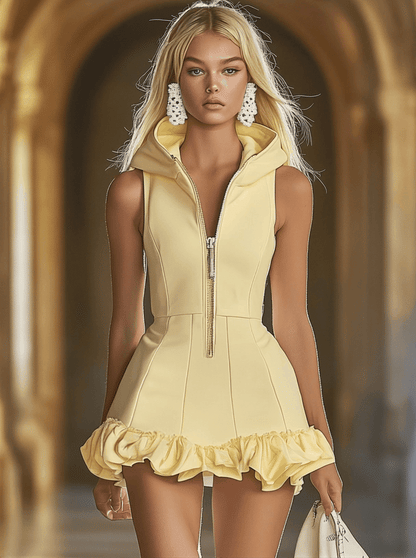 Robe Mini Sans Manches à Zip Avant avec Capuche et Volants - Slim Fit en Jaune Canard | Expédition Rapide sous 24h