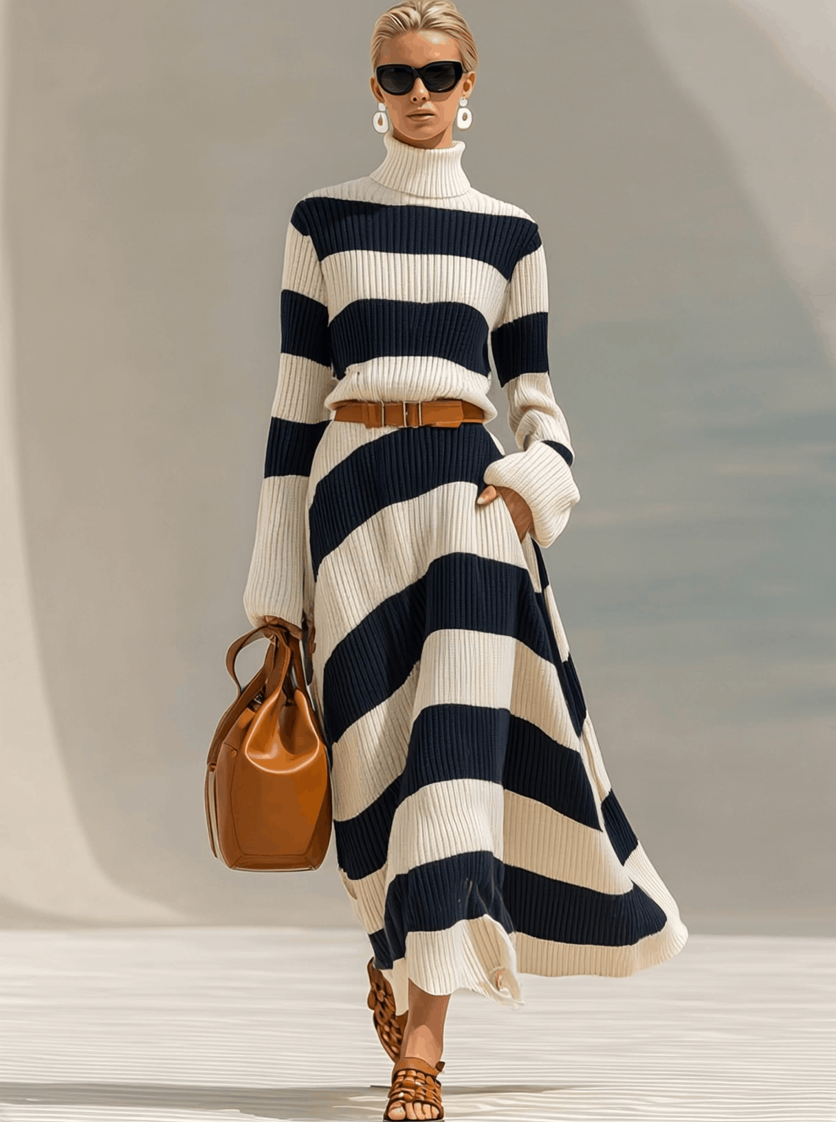 Robe Maxi Tricot à Manches Longues avec Col Haut - Élégance et Style en Rayures Contrastées Bleu Marine et Blanc