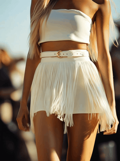 Shorts blancs à franges longues avec ceinture tendance - Livraison rapide en 24h !