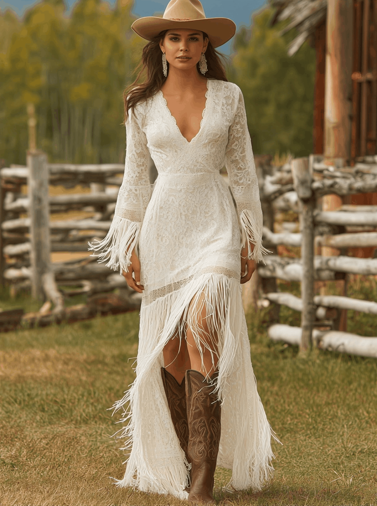 Robe Maxi Rétro en Dentelle Blanche à Manches Longues avec Décolleté en V et Franges - Jupe Courte Devant, Longue Derrière