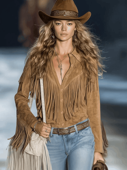 Chemise Western Vintage en Suède Marron Clair à Boutons et Franges - Élégance Décontractée à Manches Longues