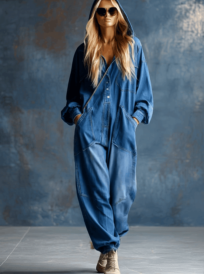 Combinaison Décontractée en Denim Bleu à Capuche avec Boutons et Manches Longues