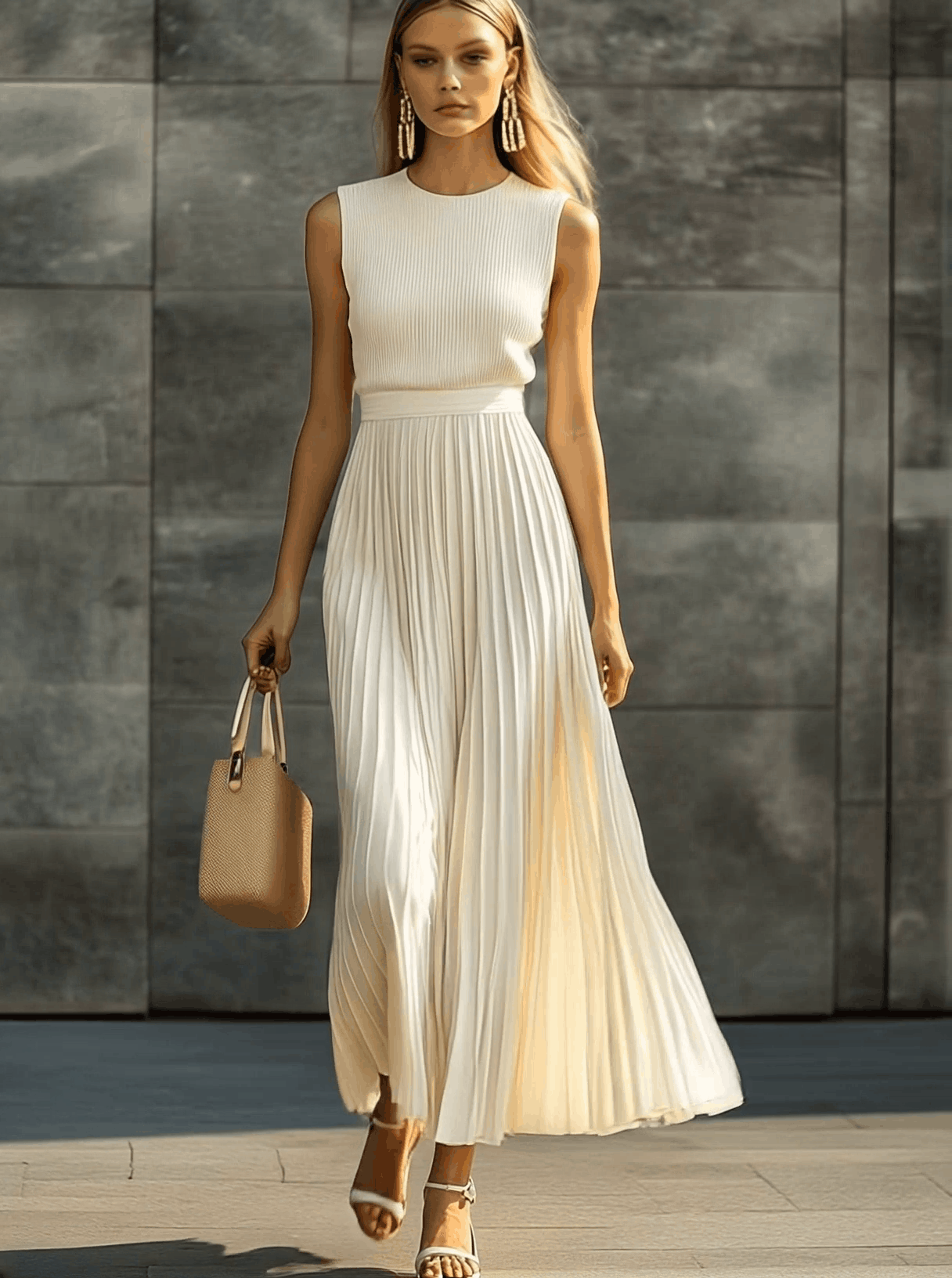 Robe Maxi Plissée en Chiffon Crème : Élégance Décontractée, Expédition Rapide sous 24h