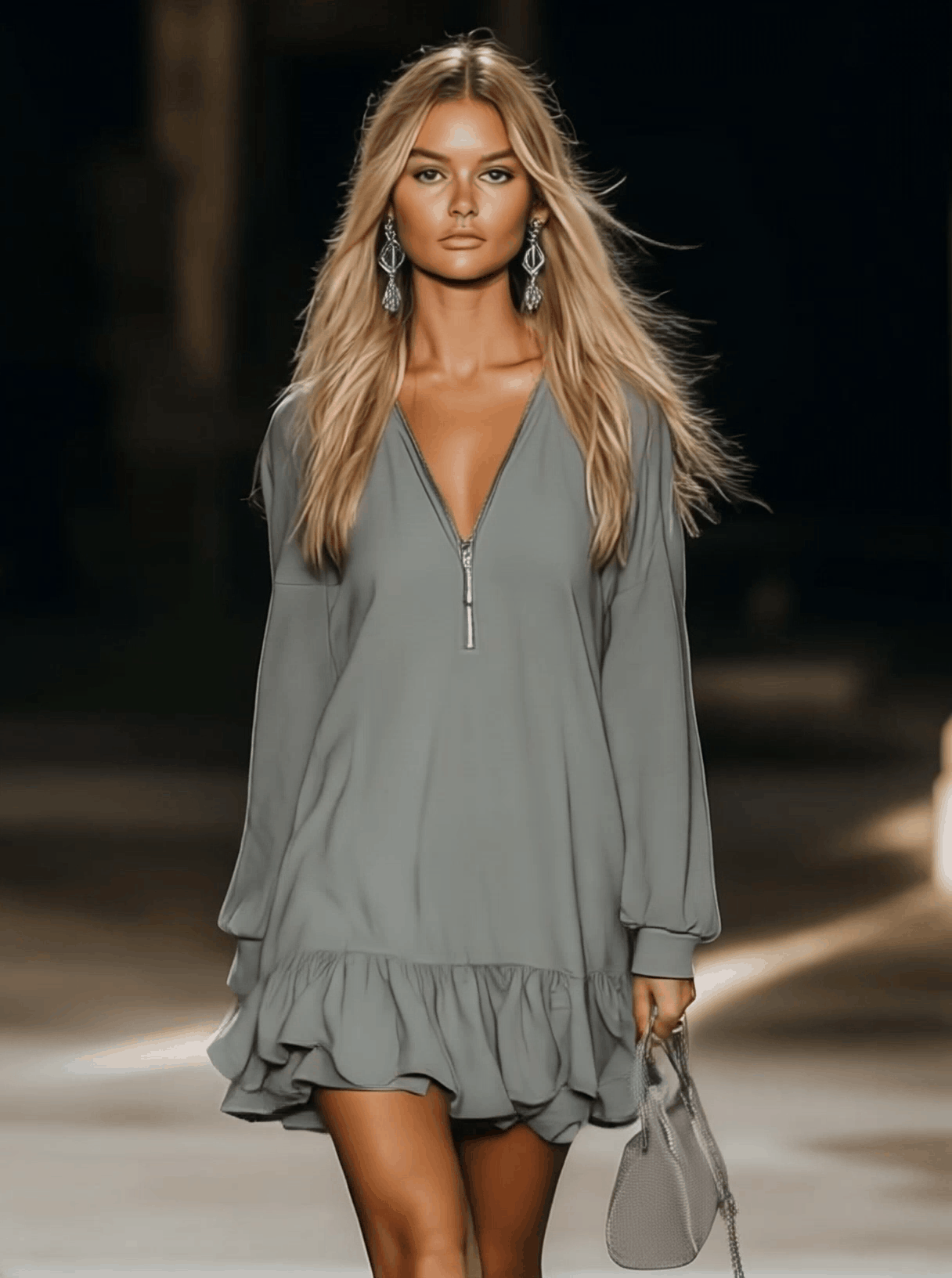 Robe Mini Grise à Manches Longues - V-neck Zippée, Style Décontracté et Ample avec Ourlet Élégant