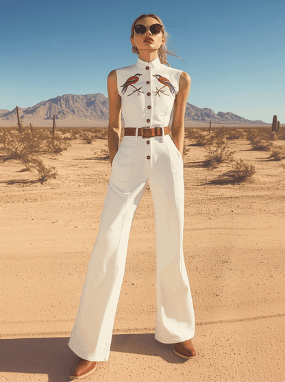 Expédition rapide en 24 heures : Combinaison sans manches à col montant brodé au charme rétro western