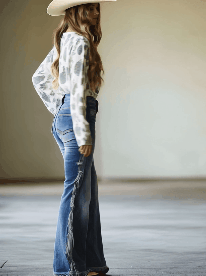 Jean Évasé Vintage Bleu avec Détails à Franges
