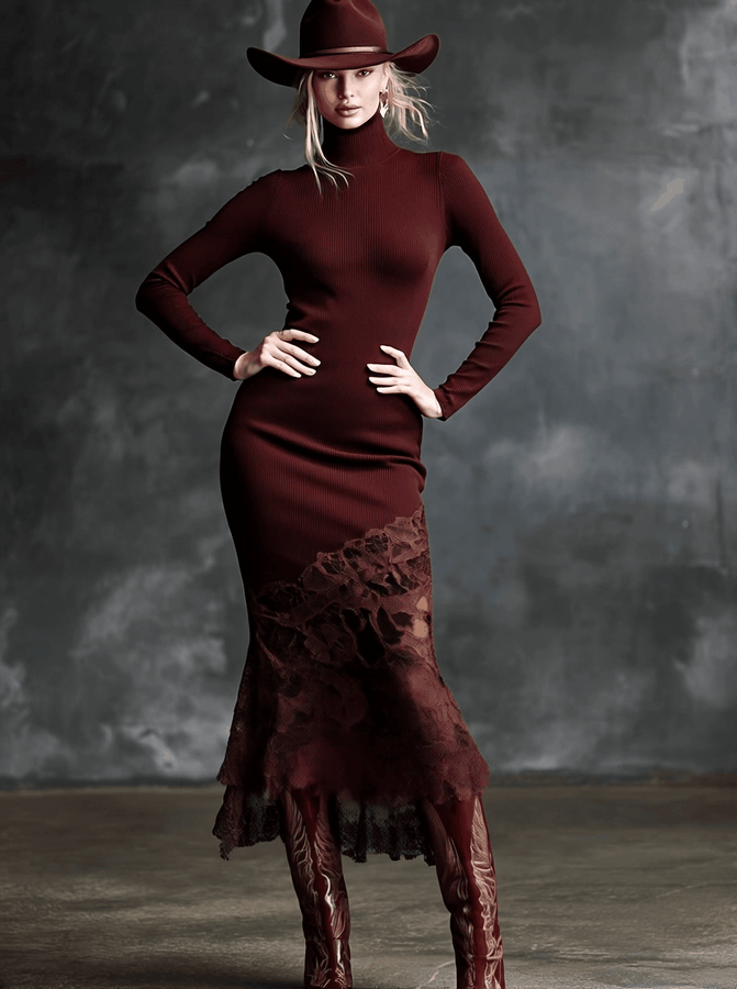 Robe Maxi Bordeaux en Tricot avec Col Montant et Ourlet en Dentelle Élégante