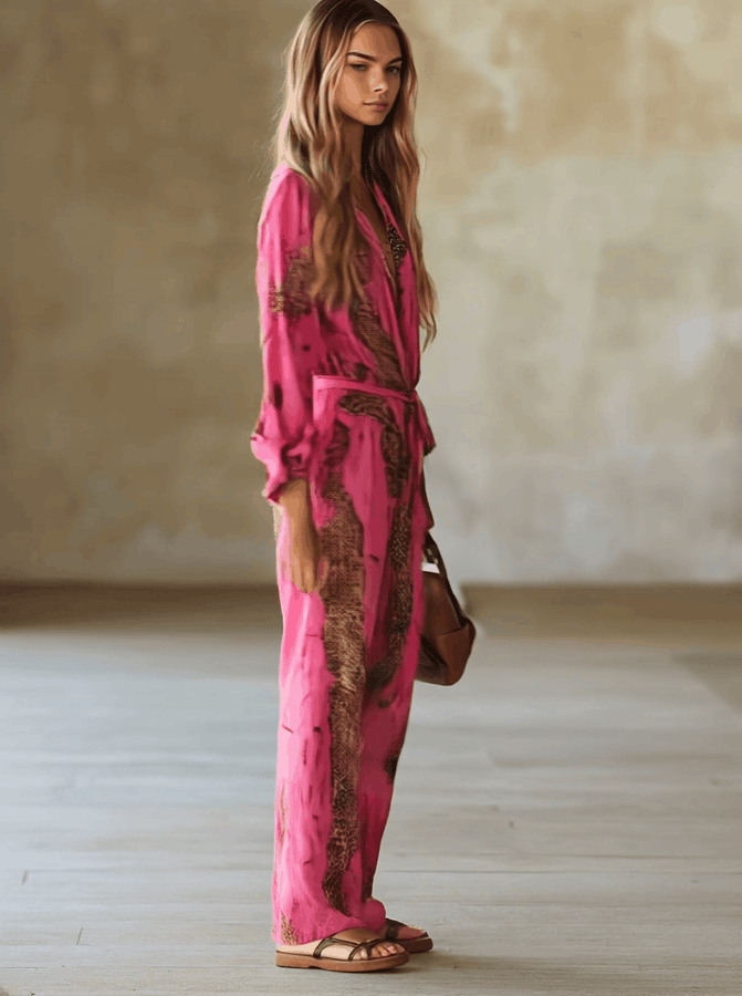 Combinaison Décontractée en Chiffon Léopard Rose et Rouge à Manches Longues