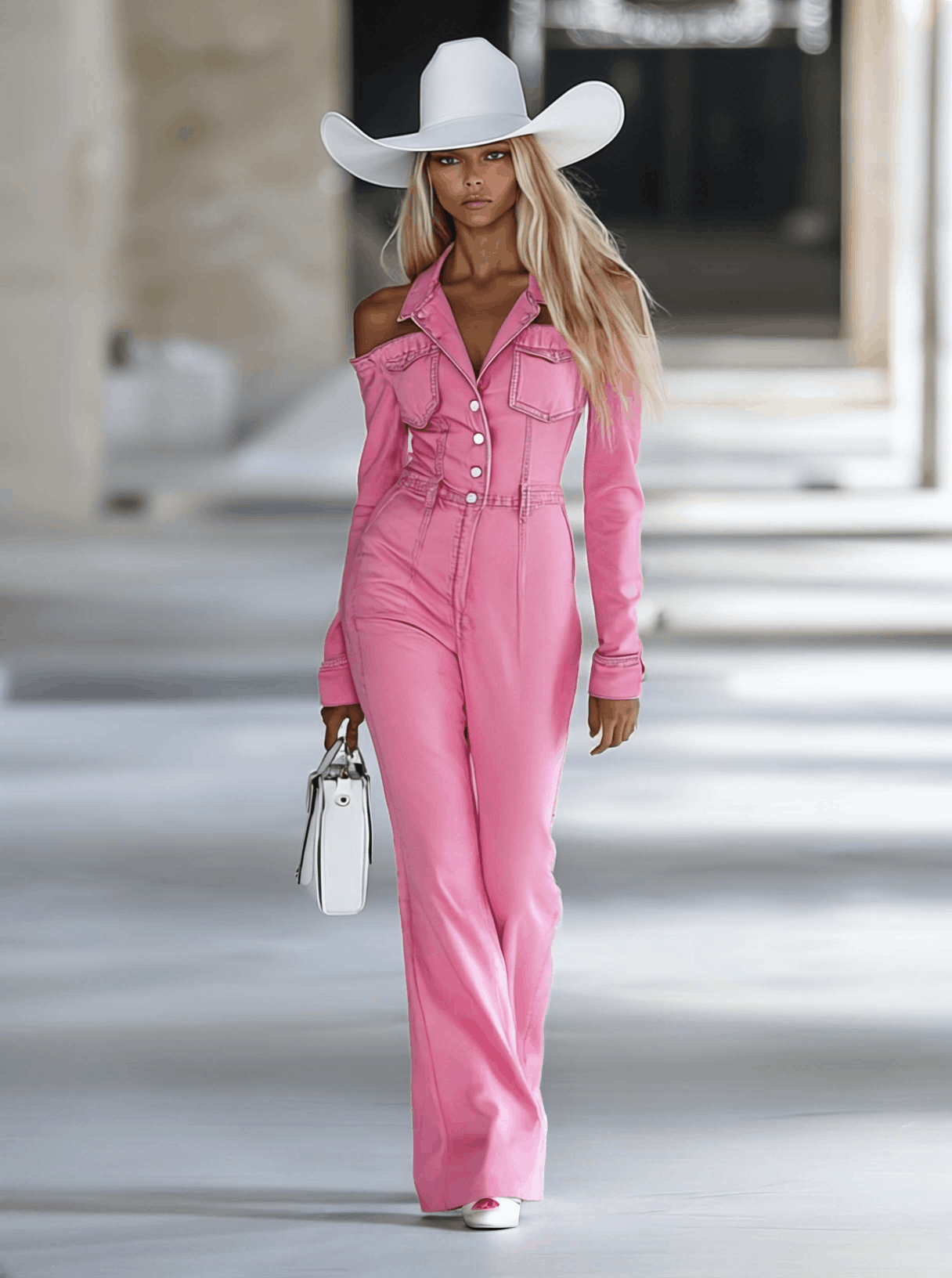 Combinaison Flare en Jean Rose Personnalisée avec Col Revers et Manches Longues Sans Épaules" 

---

Here’s a more captivating title: 

"Combinaison Flare en Jean Rose Personnalisée : Élégance Sans Épaules avec Col Revers et Manches Longues