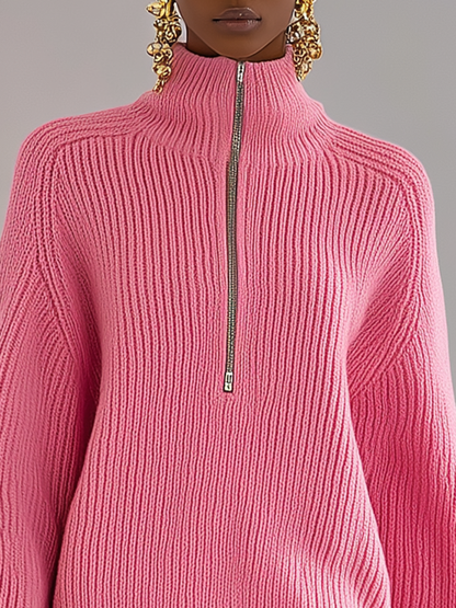Pull Chic à Col Montant Zippé et Manches Longues