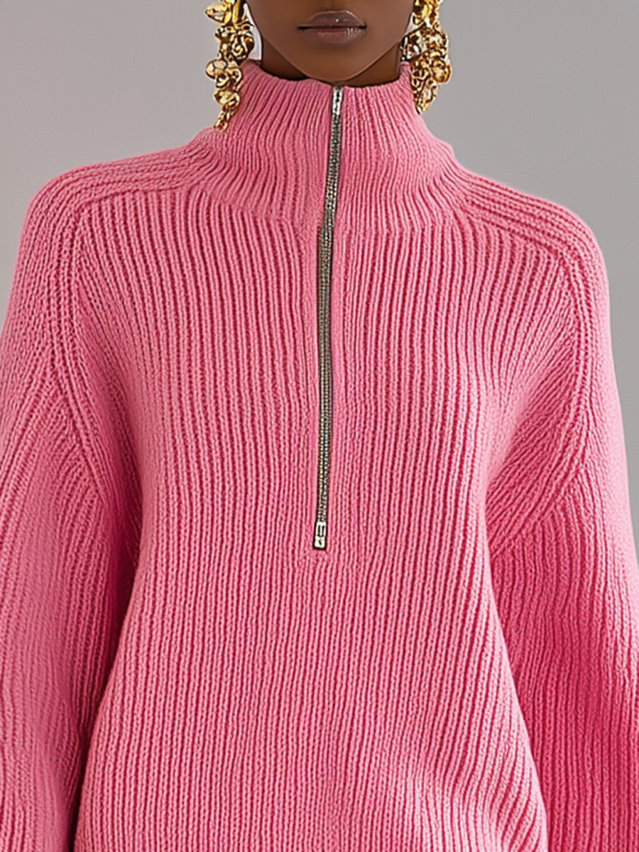 Pull Chic à Col Zippé Montant et Manches Longues