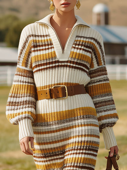 Robe Midi Tricotée à Rayures Jaunes et Marron avec Fermeture Éclair à Demi-Taille