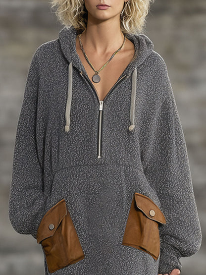 Décontracté Vintage : Robe Maxi Zippée à Capuche en Gris