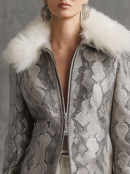 Veste Vintage en Simili Cuir avec Double Fermeture Éclair et Col en Fourrure Synthétique Imprimé Serpent Gris