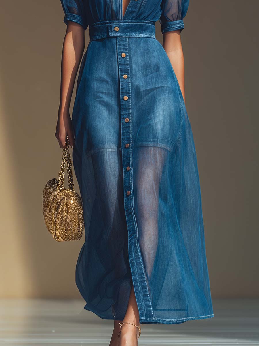 Robe Maxi en Denim Bleu à Manches Courtes avec Décolleté en V et Détails en Organza