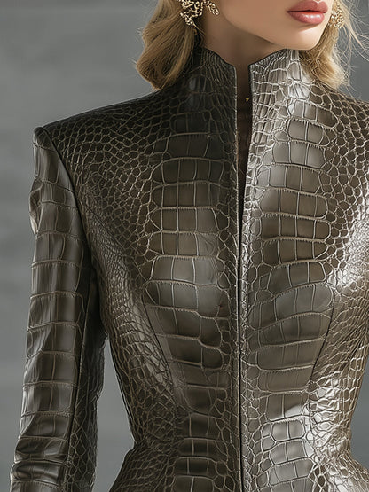 Veste en Similicuir Vert Crocodile à Col Montant Distressé - Élégance Haut de Gamme