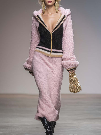 Ensemble Sportif Rétro Chic : Sweat à Capuche Zippé et Jupe Coordonnée