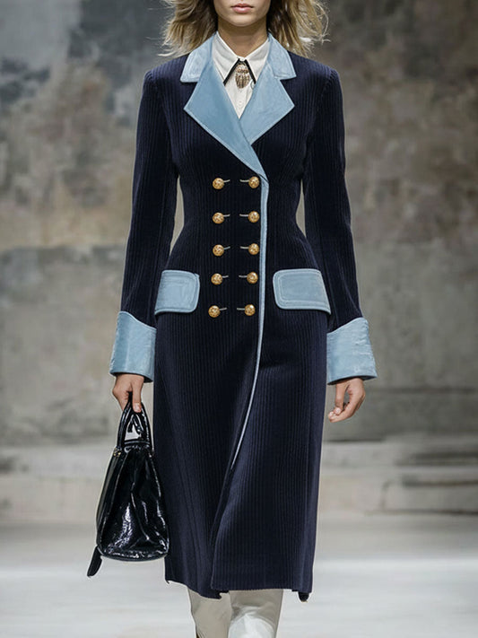 Long Velvet Blue Retro Coat with Navy Cord Trim