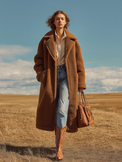 Veste Longue en Sherpa avec Col Oversized - Élégance Rétro Unie